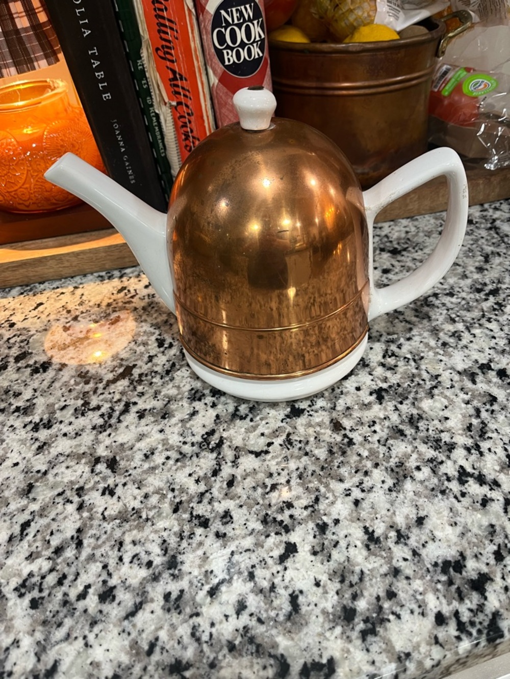 Vintage OTI Portugal ceramic teapot with original copper dome lid
